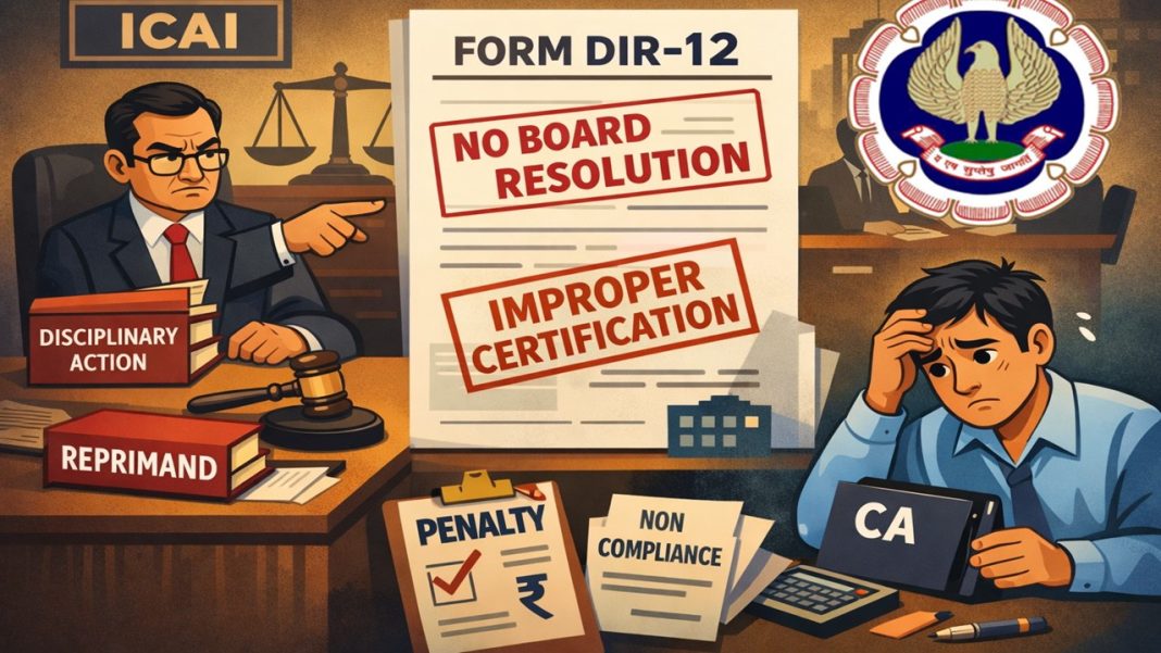 ICAI Reprimands CA for Improper Certification of Form DIR-12 Without Board Resolution